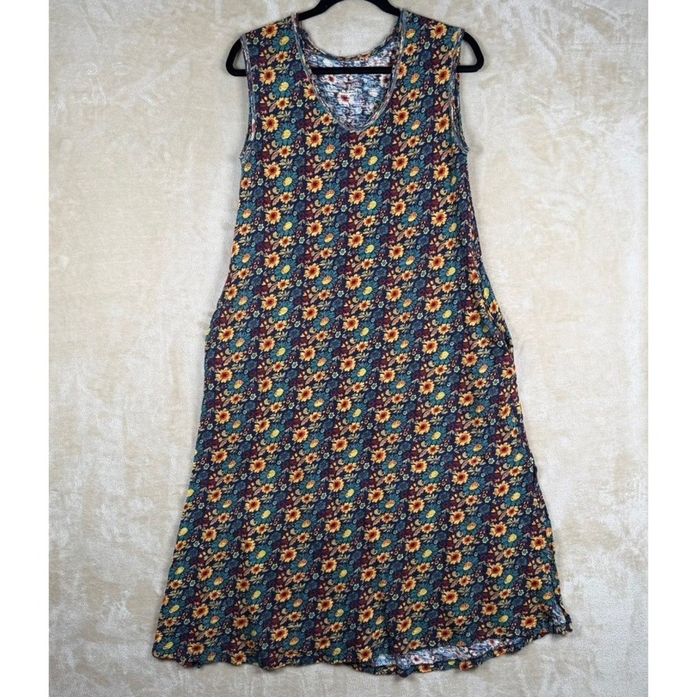 Natural Life Women XS/S Oversized Sunflower Sleeveless Midi Dress Cotton Pockets